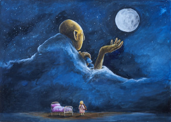 Fototapeta girl looking at the moon before bedtime obraz