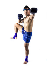 Thai boxer with thai boxing action, isolated on white background