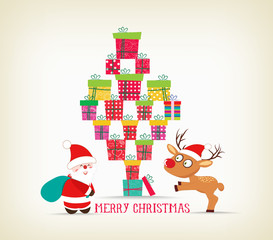 merry christmas with gifts, deer and santa claus card