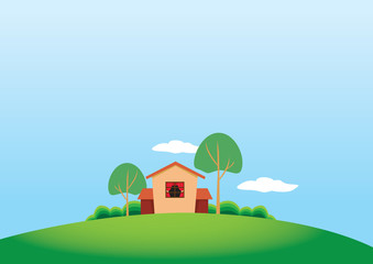 Naklejka premium Cartoony Stule Country House and Trees on Grassland