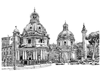 black and white digital drawing of Rome Italy cityscape