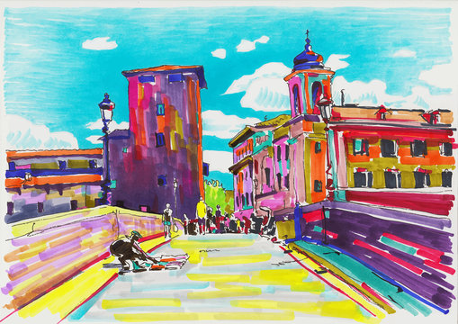 Original Marker Painting Of Rome Italy Cityscape