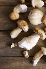 Wild mushrooms on wooden table