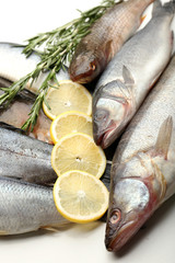 Fresh fish with lemon and rosemary close-up
