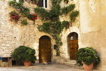 Fototapeta na wymiar Street corner with vintage doors and flowers as decorations