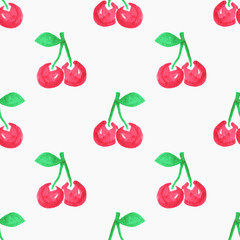 Seamless watercolor pattern with cherries, aquarelle cherry.