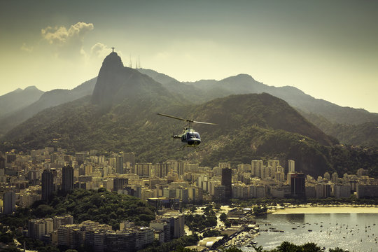 Helicopter flying above Rio de Janeiro Brazil