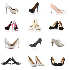 female footwear. female shoes over white. Collection of various