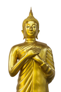 Golden buddha image on white background.