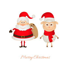 Santa Claus with a bag of gifts and sheep