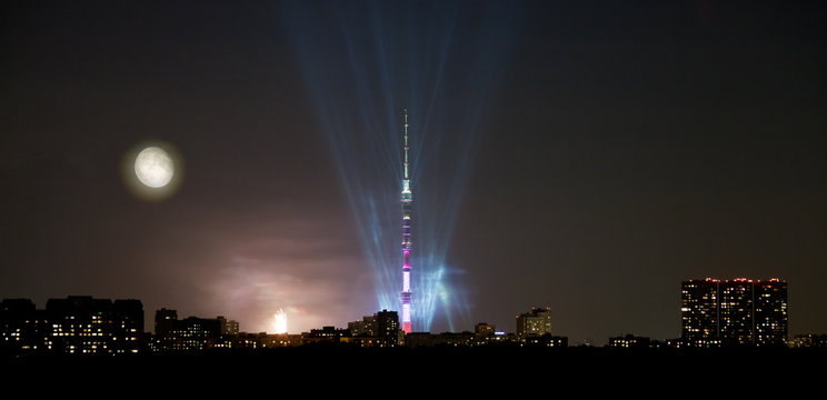 panorama of Moscow with TV tower and full moon
