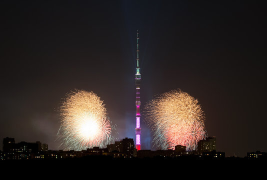 Moscow city with Ostankino TV Tower and fireworks