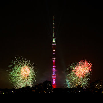 Night scenery with TV Tower and fireworks, Moscow