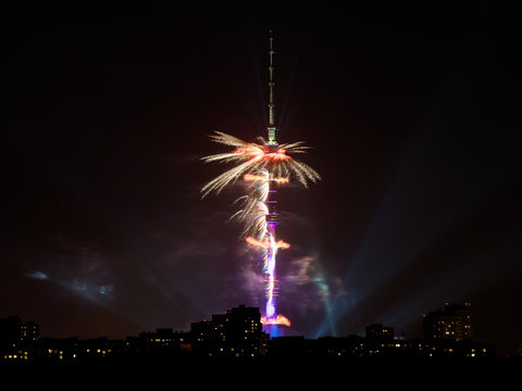 Ostankinskaya TV Tower and fireworks in night