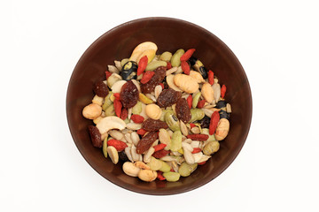 Seed health food selection in red porcelain bowls.