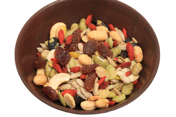 Seed health food selection in red porcelain bowls.