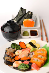 Set of Sushi Roll Japanese food with Chopsticks and Miso soup