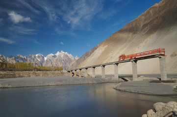 Bridge construction across the Indus River along the Karakorum H