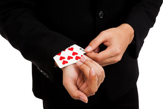 Cheating Asian Businessman Pull Playing Cards From Sleeve