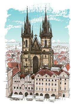 Vector drawing of Church in Prague, Czech Republic