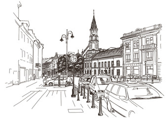 Vector drawing of central street of old european town, Vilnius