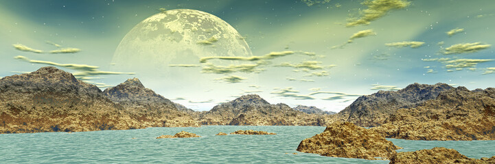 Unknown planet. Mountains. Panorama