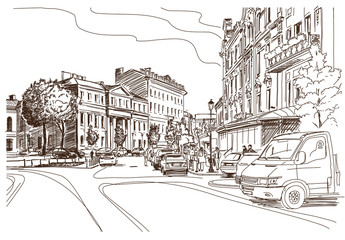 Vector drawing of central street of old european town, Vilnius,