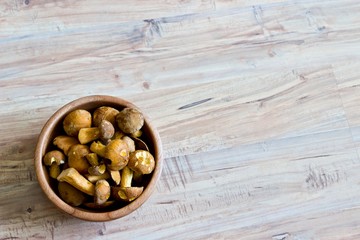 Mixed forest mushrooms in wooden bowl