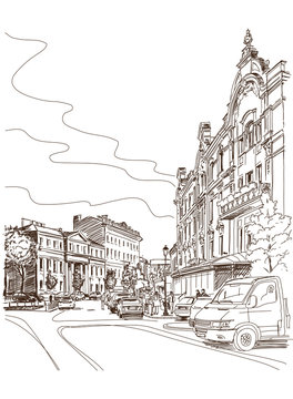 Vector drawing of central street of old european town Vilnius