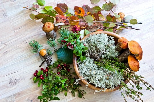 Autumn composition in wooden bowl with leaves