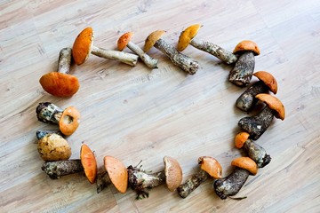 Mushroom frame on wooden background