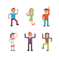 Obraz na płótnie Canvas Collection of funny pixel art dancing people in different poses