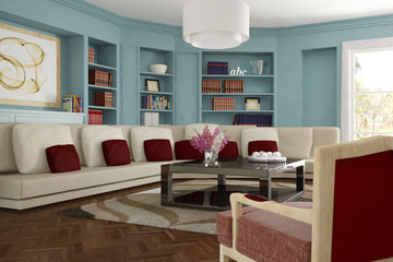 Wohnzimmer mit Sofa und Teppich