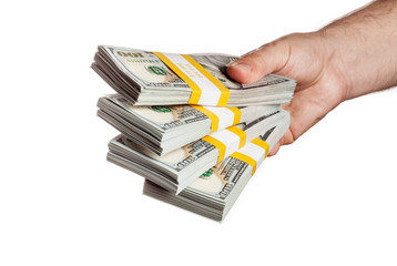 Hand holding bundles of 100 USD 2013 edition bills