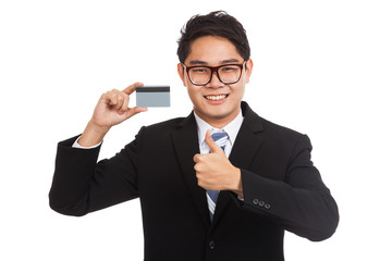 Asian businessman thumbs up with a card