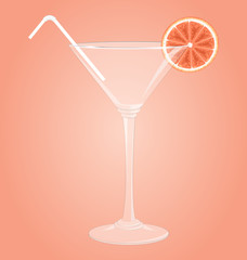 Empty glass for martini with grapefruit and plastic tube on pink