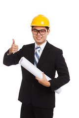 Asian engineer man thumbs up with blueprints