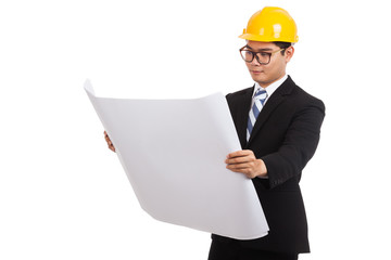 Asian engineer man working with blueprints