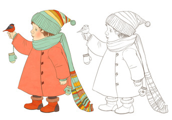 A child in winter clothes considering bullfinch