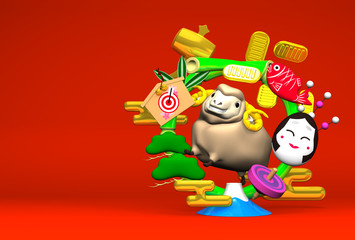 Smile Brown Sheep, New Year's Bamboo Wreath On Red Text Space