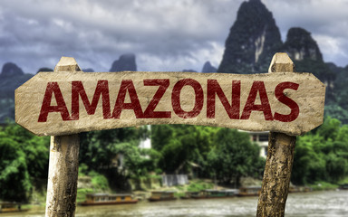 Amazon (In Portuguese) sign with a forest background