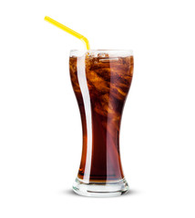 Glass of cola with ice on white background