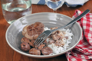 Paupiette de dinde, riz en sauce et marrons