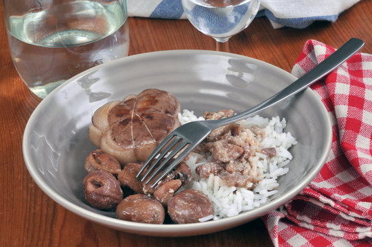 Paupiette de dinde, riz en sauce et marrons