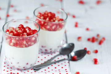 Delicious dessert pannacotta with fresh pomegranate seeds in a g