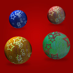 Sfondo rosso con 4 palle di Natale gialla, verde, blu, rossa.