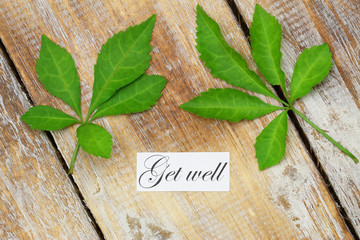 Get well card with two green leaves on rustic wooden surface