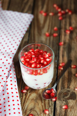 Delicious dessert  pannacotta with fresh pomegranate seeds in a