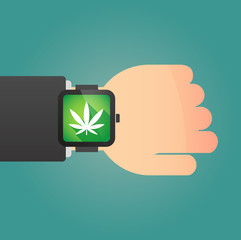 Hand with a smart watch displaying a marijuana leaf