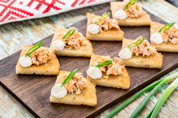 Potato pancakes with salmon teriyaki
